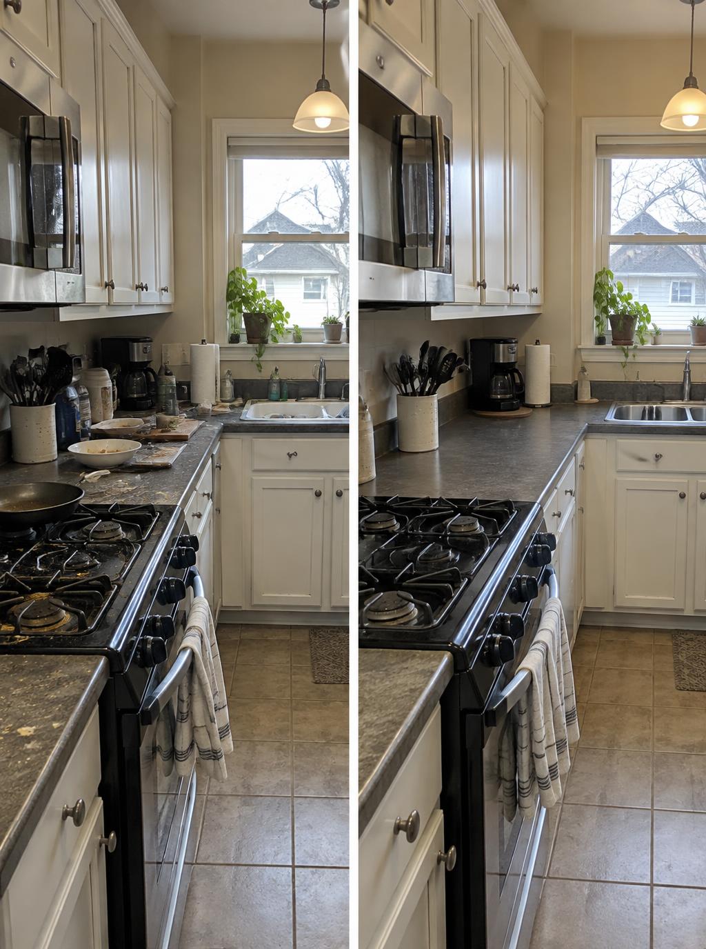Before and after comparison of a residential kitchen cleaning